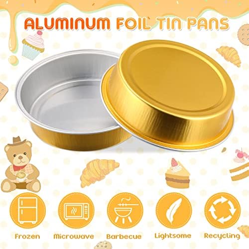 Yinder 120 Pcs 8 oz Disposable Creme Brulee Ramekins with Lids, 4 Inch Mini Pie Tins Aluminum Foil Pie Tart Cake Baking Pans Individual Round Containers Oven Safe (Gold)
