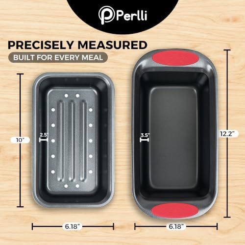 PERLLI Nonstick Meatloaf Pan with Drain Tray, Elevated Inner Pan for Fat and Grease Removal, Easy Grip Silicone Handles, Dishwasher Safe with Heavy-Duty Carbon Steel Bakeware for Even Heating (Gray)