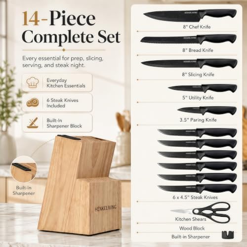 14-Piece Starry Black Knife Block Set with Built-In Sharpener