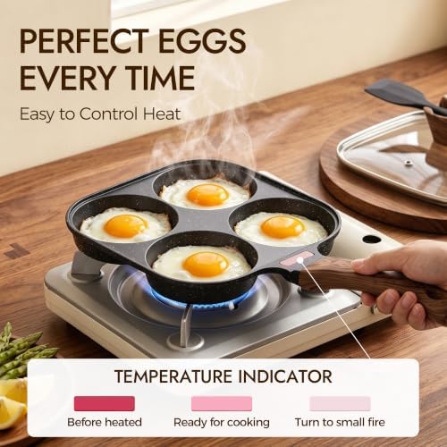 4 Cup Egg Pan with Lid, Egg Frying Pan Nonstick for English Muffins