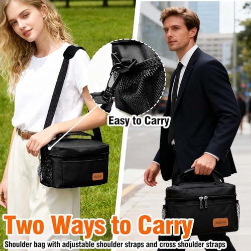 ONFAON Lunch Bag for Men/Women, Insulated Reusable Lunch Box Leakproof Cooler Tote Bag Freezable with Adjustable Shoulder Strap for Office Work Picnic Beach(Black)