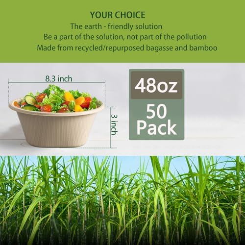 Homestockplus Large Disposable Bowl - Heavy Duty Paper Bowls - Made from Sugarcane and Bamboo Fiber, Microwave Safe - 48 Oz Paper Bowls for Soup, Salad, Ramen, Popcorn, etc.[50/Pack] (Pack of 3)