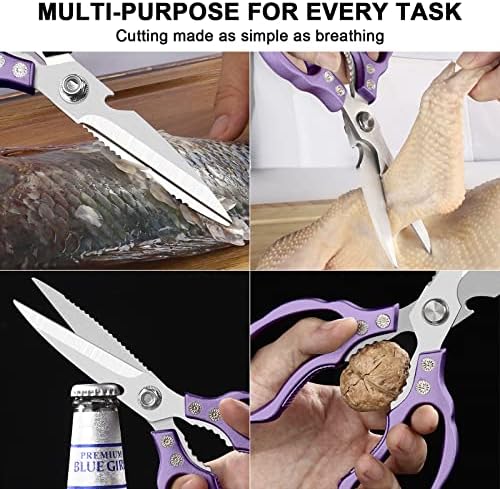 CGBE Kitchen Scissors All Purpose Heavy Duty, Ultra Sharp Stainless Steel Kitchen Shears Dishwasher Safe, Cooking Shears for Chicken, Poultry, Fish, Meat, Herbs & Grapes with Non-Slip Grips - Purple