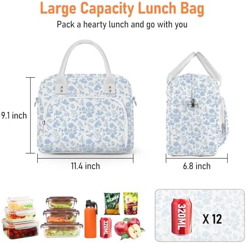 Lunch Bag Large Insulated Lunch Box for Women Men Adult Cute Blue Floral Lunchbox Corduroy Lunch Bags Boxes Pail with Shoulder Strap for Work Mom Picnic Office Travel 11.4×6.8×9.1 inches 11.5L