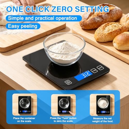 33lb/15kg Digital Scale Kitchen Food Scale Weight Grams and Ounces Pounds/Ounces/Grams be Freely Changed for Daily Use, Home Baking Stainless Steel Material Black