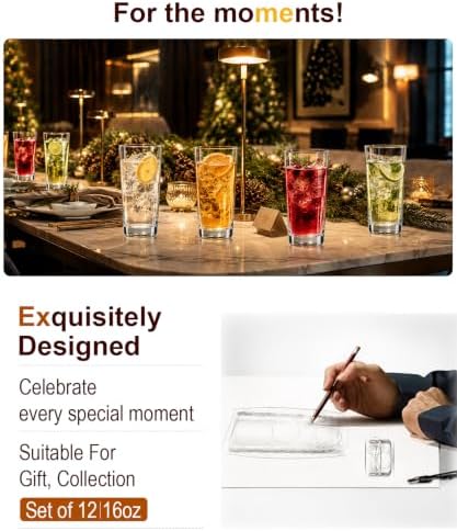Drinking Water Glass Cups Set,Crystal Highball Glasses cups set of 12,16oz