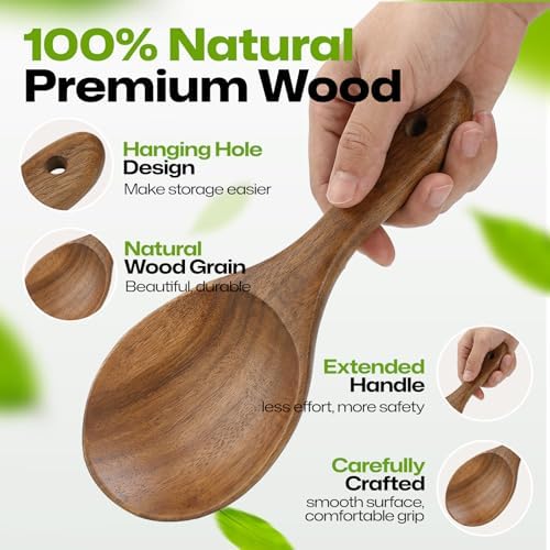 AIUHI Wooden Rice Paddle, Teak Wood Rice Spoon with Hanging Hole, Non-Stick Safe Wooden Serving Spoon for Rice, Grains & More