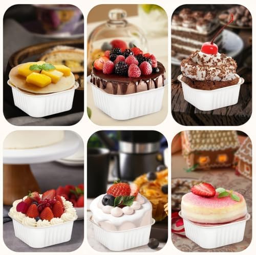 30Pack 5oz White Mini Cake Pans with Lids, Spoons and Stickers Baking Cups Aluminum Foil Pans Tins, Individual Dessert Cups Containers for Sales,Party,Picnics