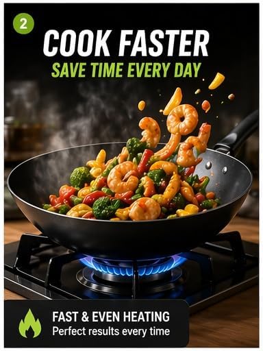 12.5" Carbon Steel Wok – Non-Stick, PFAS-Free Coating, Non-Toxic, Induction-Safe Flat Bottom Stir Fry Pan with Ergonomic Handle