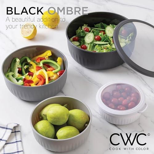 COOK WITH COLOR Prep Bowls with Lids- Wide and Deep Nesting Plastic Small Mixing Bowl Set with Lids, 12 Piece Set - Wide Bowls, Black/White