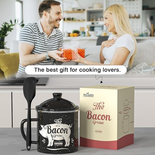 PGYARD Bacon Grease Container with Strainer-46OZ Enamel Keeper with Spatula