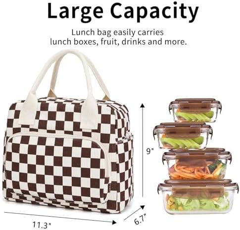 Lunch Bag Women Lunch Box for Women Adult Cute Insulated Lunch Bag Lager Cooler Lunch Tote Bags for Work Picnic (Coffee-White Plaid)