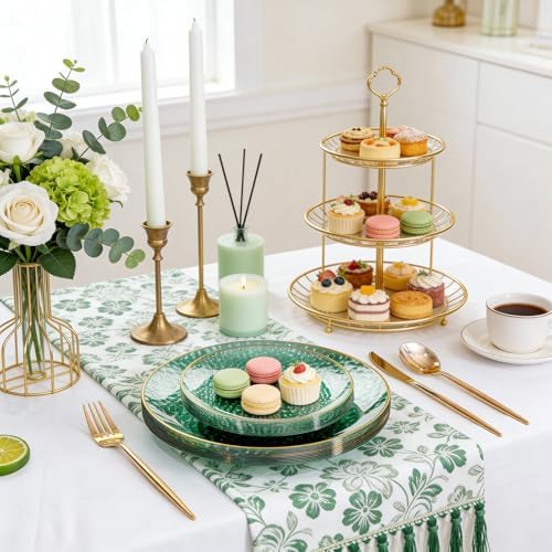 Rubtlamp 60 Green Plastic Plates, Hammered Clear and Gold Disposable Plates, Grenn Disposable Plates Include 30 Dessert Platos, 30 Dinner Platos for Party