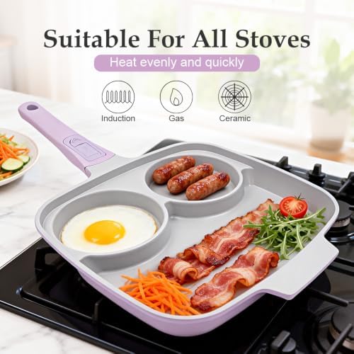 RANX INGST 10 Inch Grill Pan with Lid, 3 Section Nonstick Ceramic Egg Pan with Detachable Handle, Square Grill Skillet All Stove Compatible - Purple