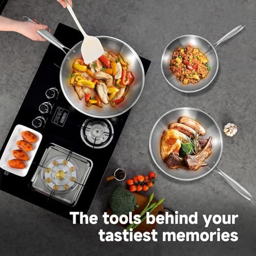 Inqibee 10 Inch Stainless Steel Wok Pan with Lid, Riveted Handle