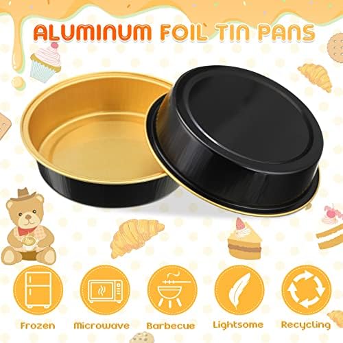 Yinder 120 Pcs 8oz Disposable Mini Pie Pans/tins with Lids Tart Pans, Small Cake Pan Round Containers Aluminum, 4 Inch Mini Cake Pan for Quiche Cheesecake Container Oven Bake Sale(Black Gold)