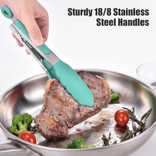 Doosu Kitchen Tongs with Silicone Tips for Cooking Serving (7in, Aqua Sky)