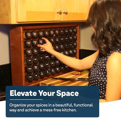 AllSpice Spice Rack Organizer, Wood, 525 Unique Labels, Countertop or Wall Mount, Includes 60 4oz Jars- Cherry Stain