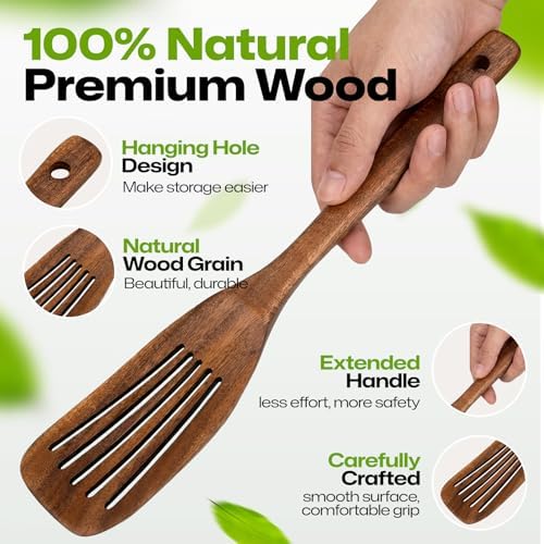 AIUHI Teak Wood Slotted Wok Spatula, Extra Long Wooden Turner for Stir-Frying, Non-Stick Safe Slotted Spatula with Hanging Hole, Ideal for Daily Cooking