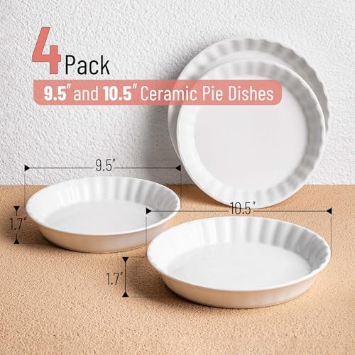 Brew To A Tea BTaT- Ceramic Pie Pan for Baking, 4 Pack, 10.5" & 9.5", Porcelain Ceramic Pie Plate for Salad, Pasta, Fruit and Tart, Freezer, Oven, Microwave and Dishwasher Safe