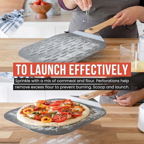 Chef Pomodoro Perforated Aluminum Pizza Peel 12x14 in Foldable Wood Handle