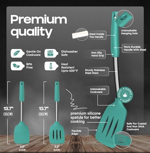 BakeRoyal Silicone Spatula Set - Turner Spatulas Silicone Heat Resistant 600°F - Slotted & Solid Spatula for Cooking Fish, Eggs, Pancakes Flipper – Spatulas for kitchen use – Turquoise