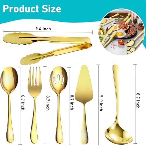 10 Pieces Serving Utensils Include Serving Spoons,Slotted Serving Spoons,Serving Forks,Serving Tongs,Soup Ladle and Pie Cake Server for Buffet Catering Banquet Party(Gold)