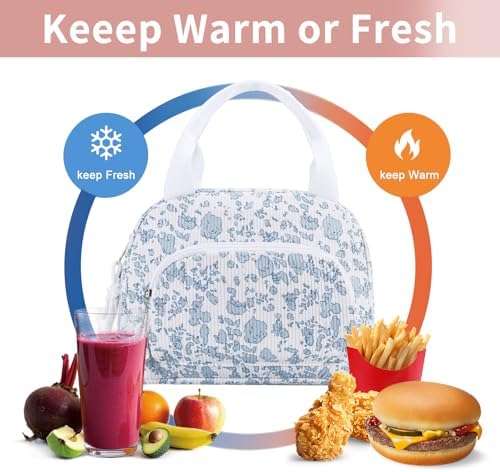 Lunch Bag Women Lunch Box for Women Adult Cute Insulated Lunch Bag Small Cooler Lunch Tote Bags for Work Picnic Travel (Blue-Floral)
