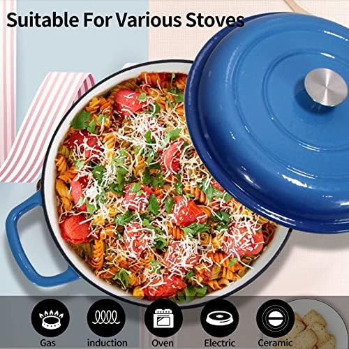 Enameled Cast Iron Dutch Oven Braiser, 3.8 Quart Enamel Skillet Pot with Lid - Heavy Duty and Dual Handles, Oven Safe Frying Pan for Family or Friends Gifts, Blue