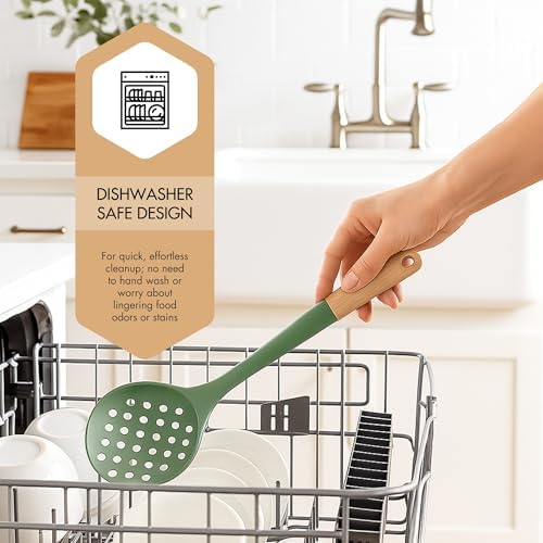 Beille 1pc Slotted Spatula Beech Wood and Silicone Kitchen Utensils Meal Prep Cooking Baking Supplies Home Essentials, Olive Green