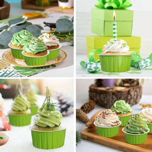 100Pcs Aluminum Cups with Lids,5oz Disposable Ramekin Baking Cups Muffin Liners Mini Pie Pans Foil Cupcake Containers for Christmas Party Wedding Party,Grass Green