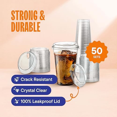 20 oz Clear Plastic Cups with Strawless Sip-Lids [50 Sets] PET Crystal Clear Disposable 16oz Plastic Cups with Lids - Crystal Clear, Durable Cup - BPA Free + Crack Resistant, for Coffee, Juice, Shakes