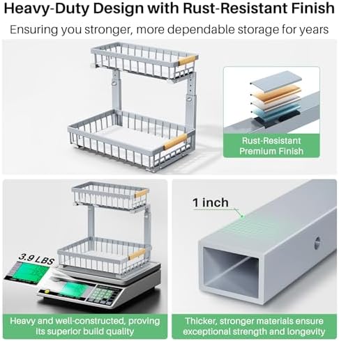Kitstorack Under Sink Organizer, 2 Tier Under the Sink Storage, Slide out Pull out Cabinet Organizer Shelf, Metal Sliding Drawer for Kitchen Bathroom Pantry Closet Organization Rack, Grey, 2 Pack