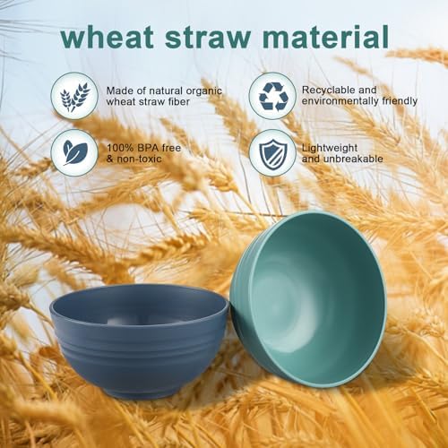 HEYCOME 12 Pcs Unbreakable Cereal Bowls Set, 26 Oz Wheat Straw Bowls Set, Microwave & Dishwasher Safe Bowls for Kitchen, Reusable Plastic Bowls for Soup, Salad and Snack, BPA Free, Dark Green