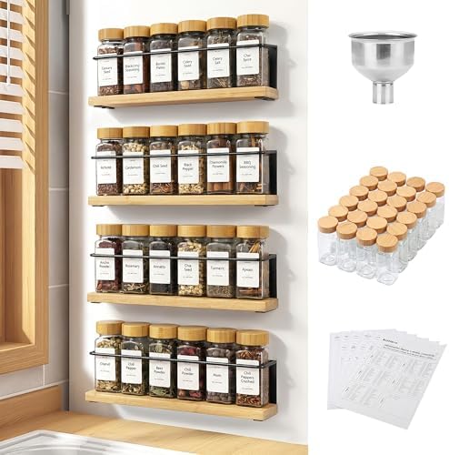 Bamboo Magnetic Spice Rack for Refrigerator, Space Saving Complete Set with 24 Bamboo Lid Glass Jars, 216 Waterproof Labels & Steel Funnel, Fridge Spice Organizer, 11.6" W x 2.4" D x 3.2" H