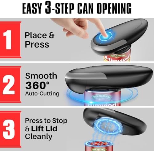 Electric Can Opener, One-Touch Automatic Can Opener for Seniors with Arthritis, Smooth Edge, Hands-Free, Fast Opening, Battery Powered, Food Safe Portable Electric Can Openers for Kitchen