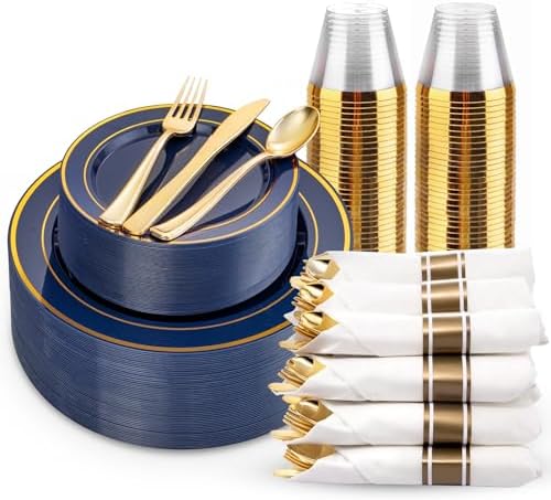 WDF Partyware 175PCS Blue and Gold Plastic Plates - Navy Blue Plates with Pre Rolled Napkins for Party - 25Guest Disposable Dinnerware Sets for Party/Birthday/Wedding