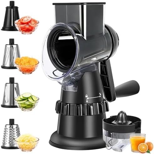 Rotary Cheese Grater Hand Crank, Vegetable Slicer with 5 Blades, Stable Suction, Labor-Saving Handle, Cheese Shredder for Potato Vegetables Nuts Chocolate, Black