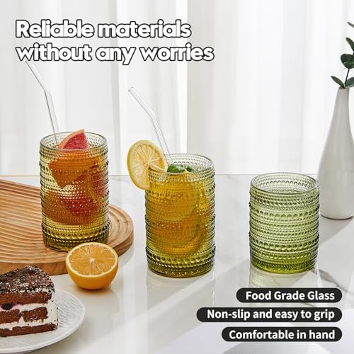 HomeVogue Hobnail Drinking Glasses Set of 6,15 oz Vintage Glassware Set Cocktail Glass Set, Embossed Green Water Tumbler,for Beer, Whiskey,Juice and Various Mixed Drinks (15oz Green)