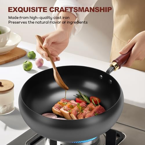 Gugxiom Suntuup Japanese Iron Pan, 28cm/11in Cast Iron Wok (Wooden lid)