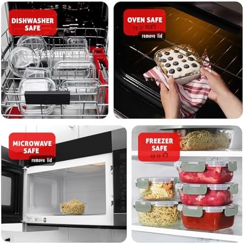 EATEX 32pc Glass Storage Containers with Lids, 16 Glass Food Storage Containers with 16 Airtight Lids for Pantry & Kitchen, Meal Prep Containers for Lunch, Oven Freezer Microwave & Dishwasher Safe