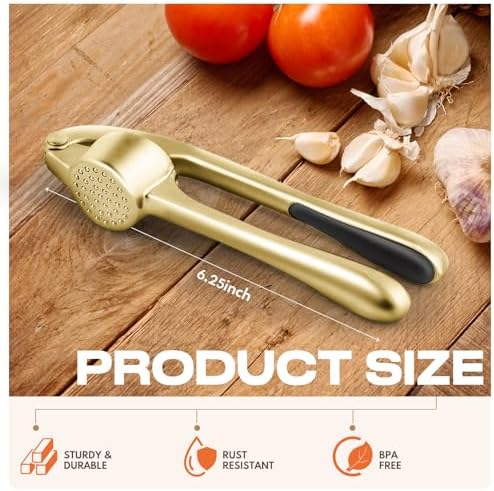 Kitchen Garlic Press, Rust Proof & Dishwasher Safe Garlic Mincer, Durable Garlic Crusher Set with Peeler＆Brush, Easy to Clean and Squeeze, Gold