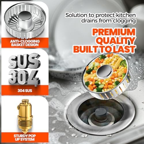 3 in 1 Kitchen Sink Drain Strainer and Stopper Brushed Silver