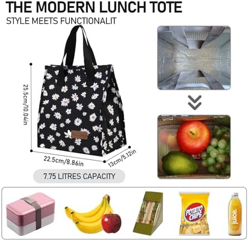 TELLUMO Black Daisy Lunch Bag, Insulated Cute Lunch Bags for Women, Small Reusable Leakproof Lunch Box Tote Container for Work Office Travel Beach