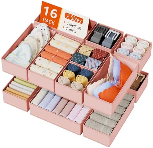 DIMJ Drawer Organizers Clothes, Set of 16 Dresser Organizer Bins, Fabric Closet Organizers and Storage, Shallow Drawer Dividers for Nursery, Clothing, Baby Clothes, Socks, Underwears, Tie (Pink)