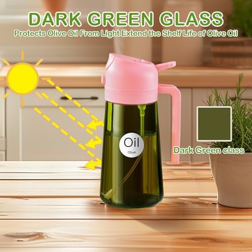 YARRAMATE 16oz/470ml Dark Green Oil Sprayer for Cooking with Stickers, Food-grade Premium 2 in 1 Olive Oil Dispenser Bottle for Kitchen Gadgets, Air Fryer, Salad, Frying, BBQ (Pink)