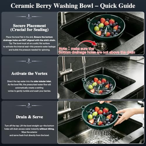 Ceramic Berry Washing Bowl with Auto-Spin Swirl Drainage