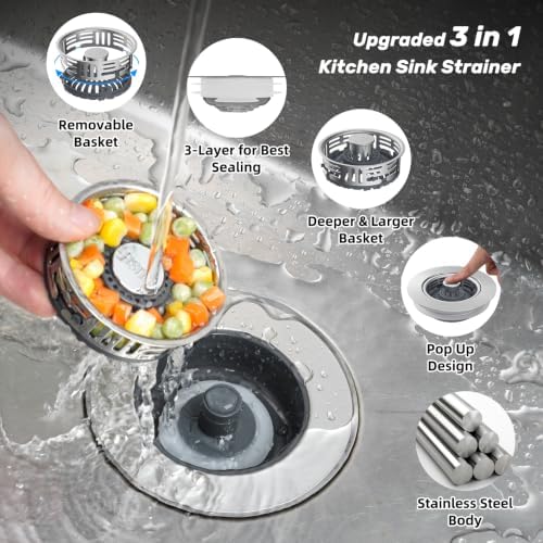 Hibbent 4 Pack 3 in 1 Kitchen Sink Drain Strainer, Metal Pop Up Stopper