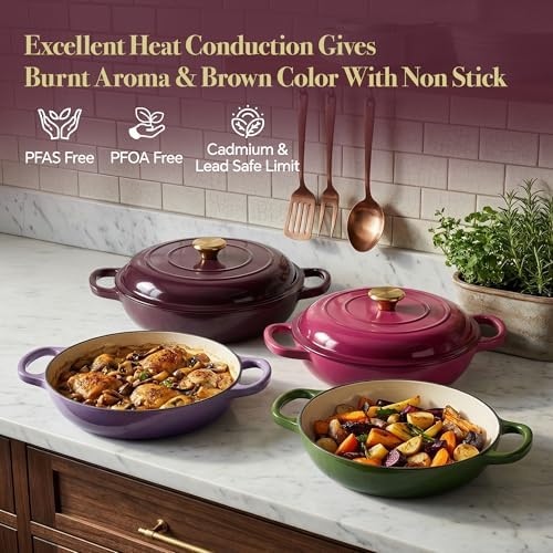 3 Quart Enameled Cast Iron Braiser, Non Stick Enameled Cast Iron Skillet with Lid, Dutch Oven Skillet with lid up to 500°F for Oven, Stove, Grill, Shallow Dutch Oven for Cook, Bake (Fig)