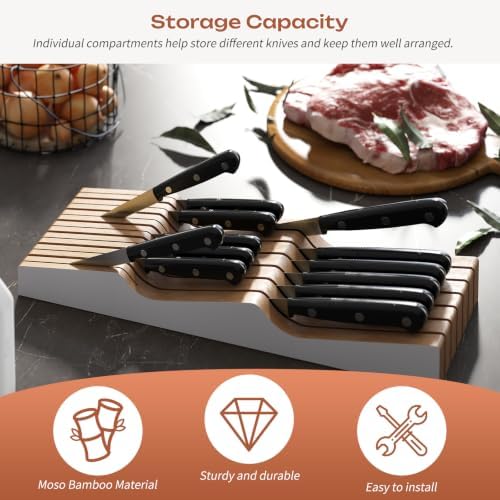 In-Drawer Knife Block Organizer - Bamboo Wood Drawer Knife Organizer-Protecting Knife Organizer Block (Not Included) (White, 13 Knives Dock)